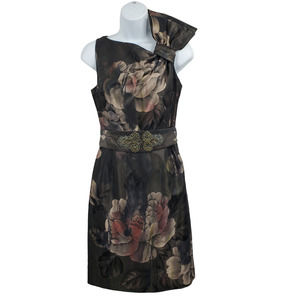 Terri Jon Womens Sz 4 One Shoulder Bow Floral Jeweled Belt Brown Cocktail Dress